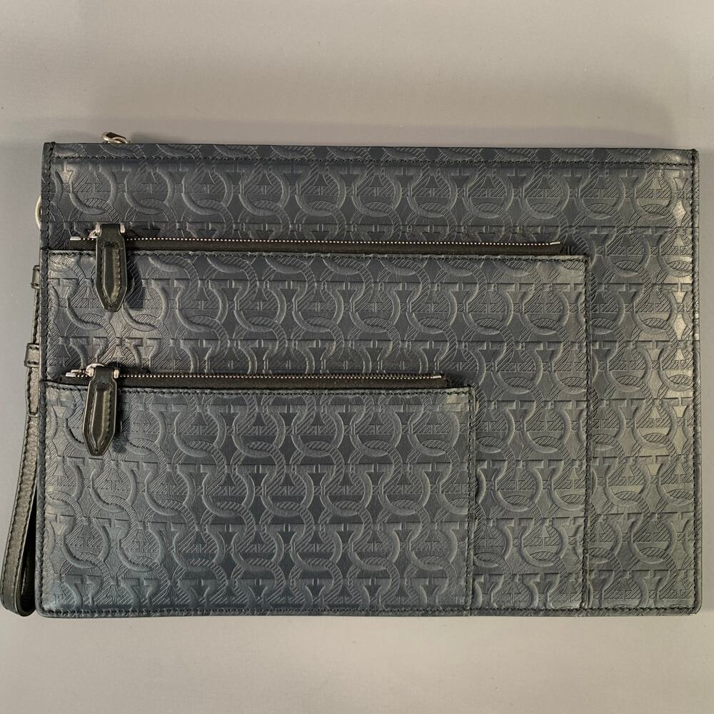 FERRAGAMO Navy Monogram Leather Wristlet Bag